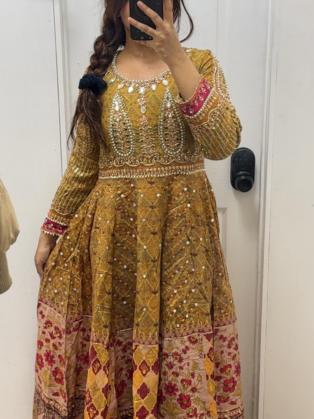 Embellished Golden Mustard Anarkali Dress with Pink / red Accents
